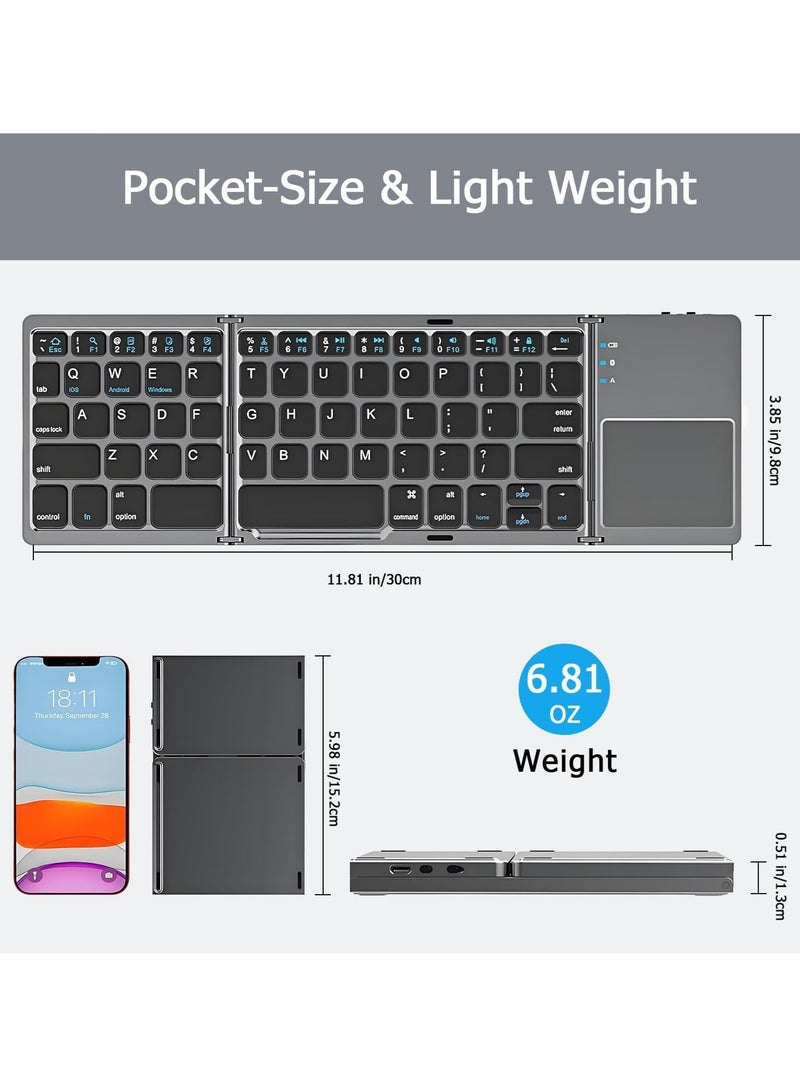 تايجر لوحة مفاتيح بلوتوث قابلة للطي، لوحة مفاتيح لاسلكية صغيرة محمولة بحجم الجيب مع لوحة لمس، لوحة مفاتيح محمولة فائقة النحافة قابلة للطي لأجهزة iPad وiOS وAndroid وWindows PC، رمادي - Image 3